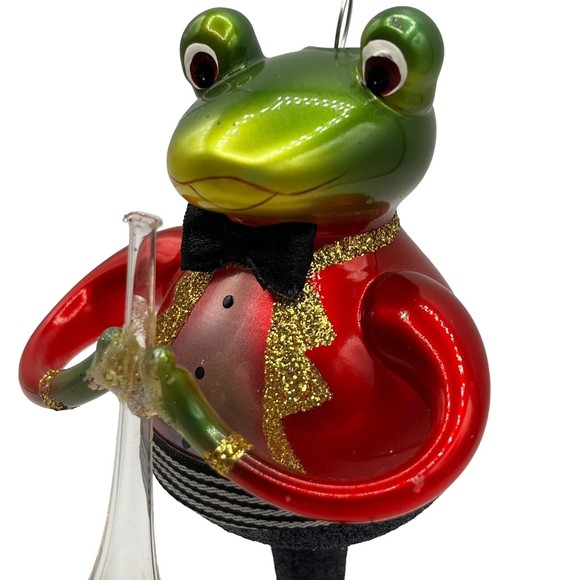 Scottish Christmas Frog in Tuxedo with Trumpet Glass Christmas Ornament Decor 6" - Picture 7 of 15